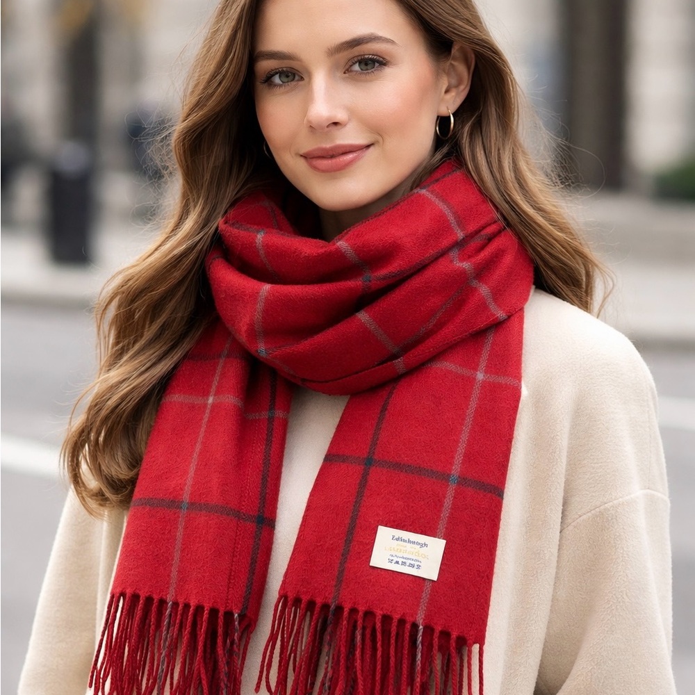 Edinburgh Lambswool scarf or throw in a red plaid pattern 60'x 12.5" NEW